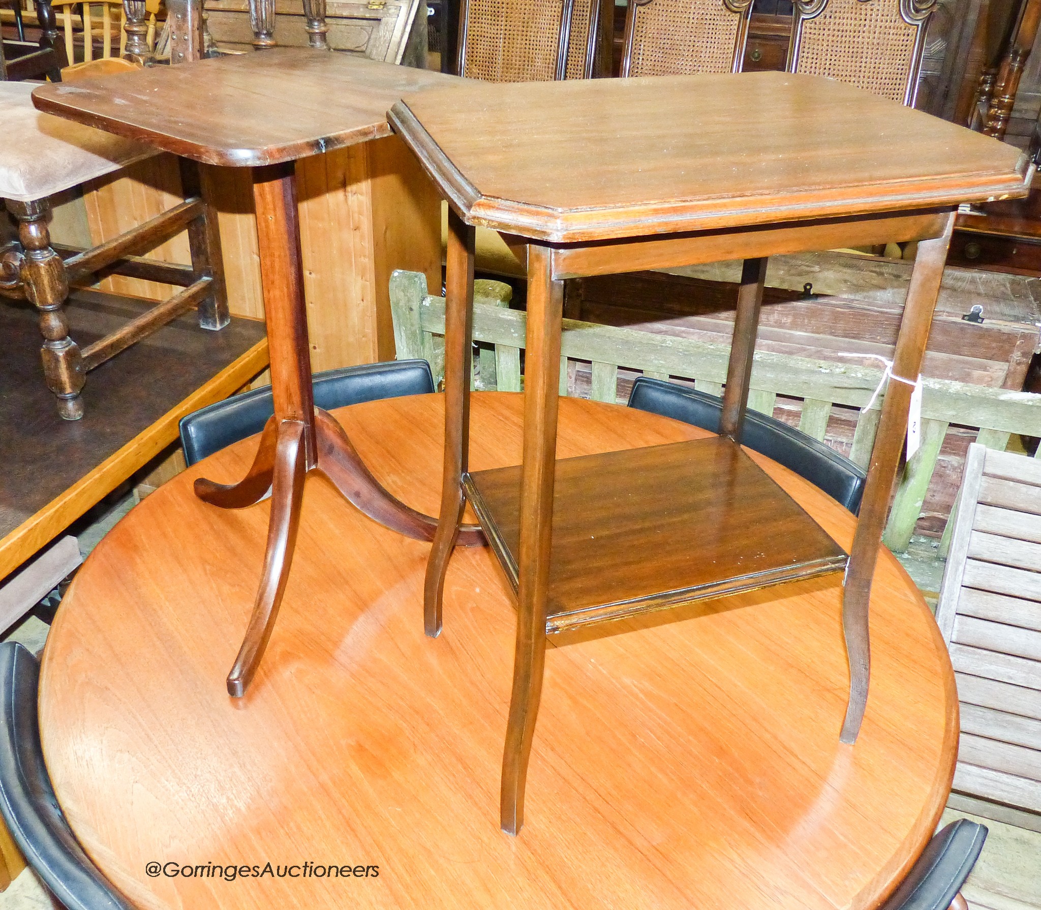 A 19th century mahogany wine table, width 40cm, height 68cm together with a late Victorian mahogany two tier occasional table